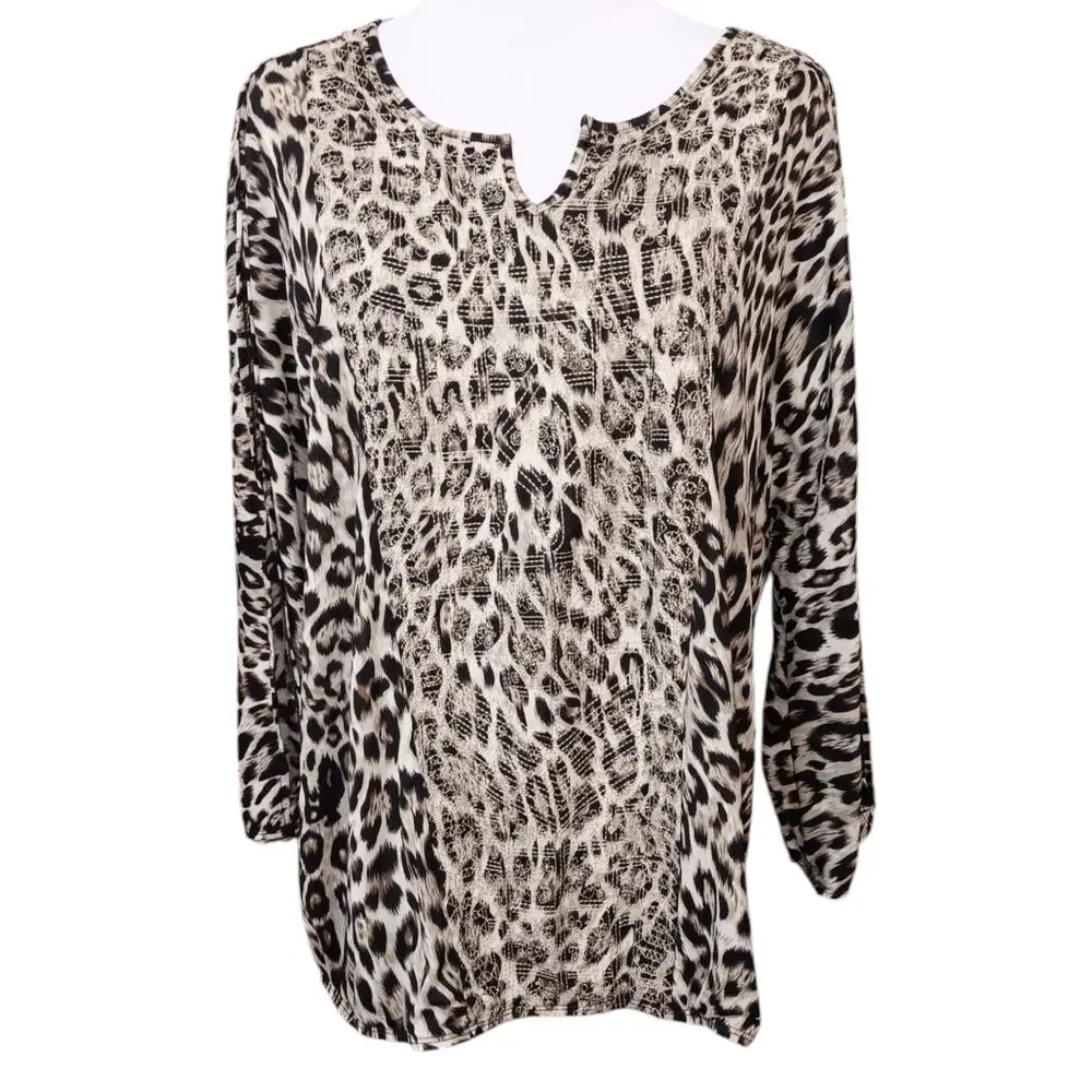 CHICO'S Blouse Top 3 XL Gold Embroidered Animal Print Cheetah Career‎ Office